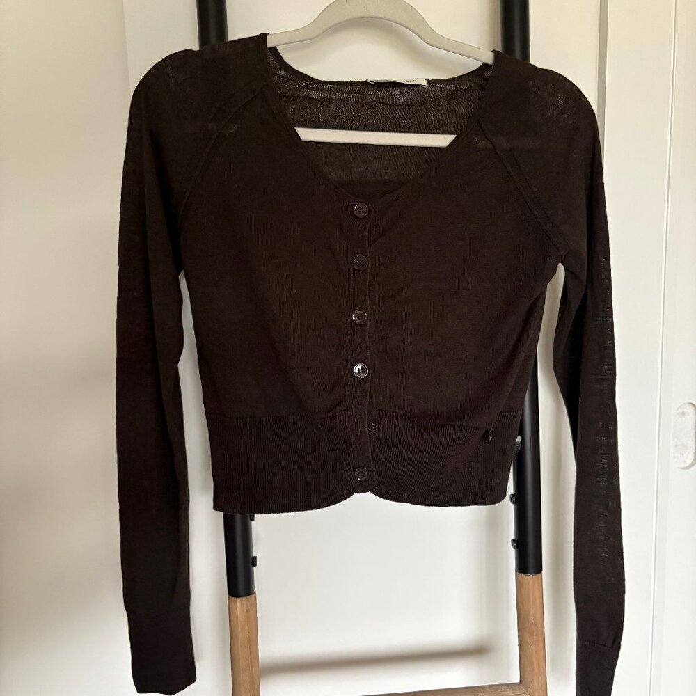More&More Women's Crop Cardigan Dark Brown Size 34/XS Botton Down Linen Cotton